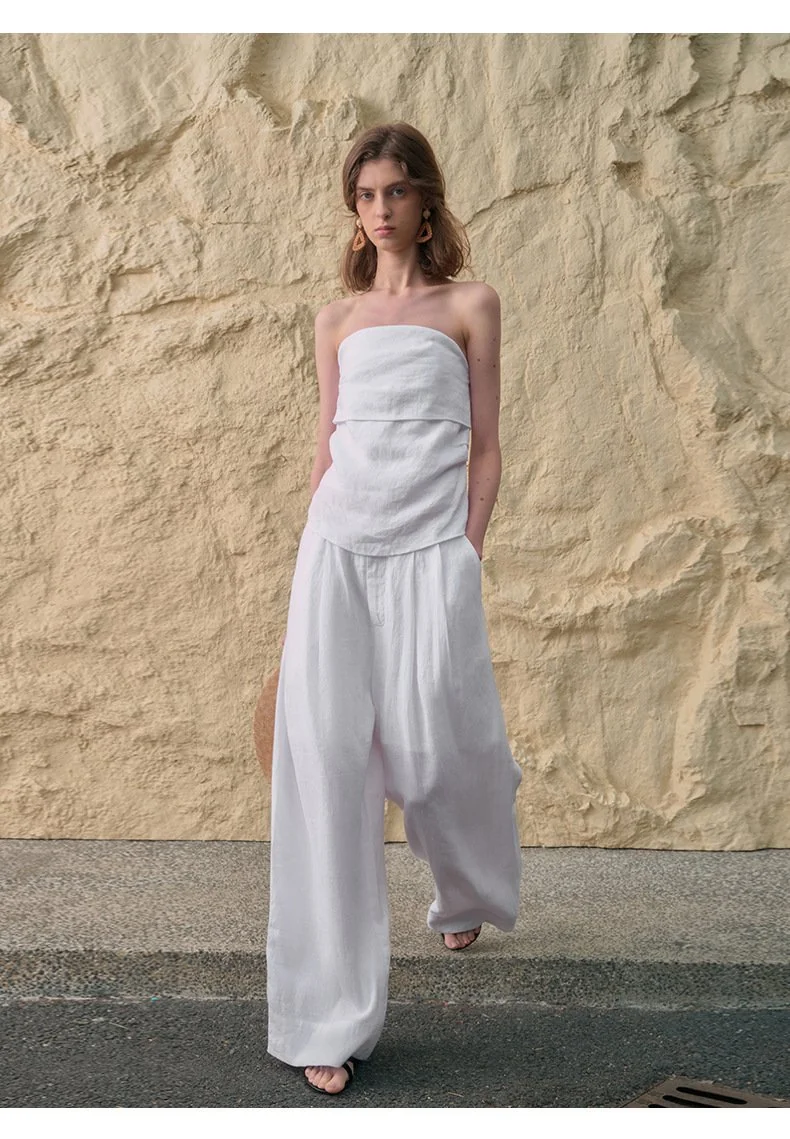 Minimalist Breathable Linen Lyocell Womens Wide Leg Trousers