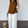 French Riviera Breathable Linen Lyocell Womens Halter V Neck Top
