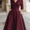 Elegant Timeless Stretch Polyester Womens Lapel High Waist Midi Dress