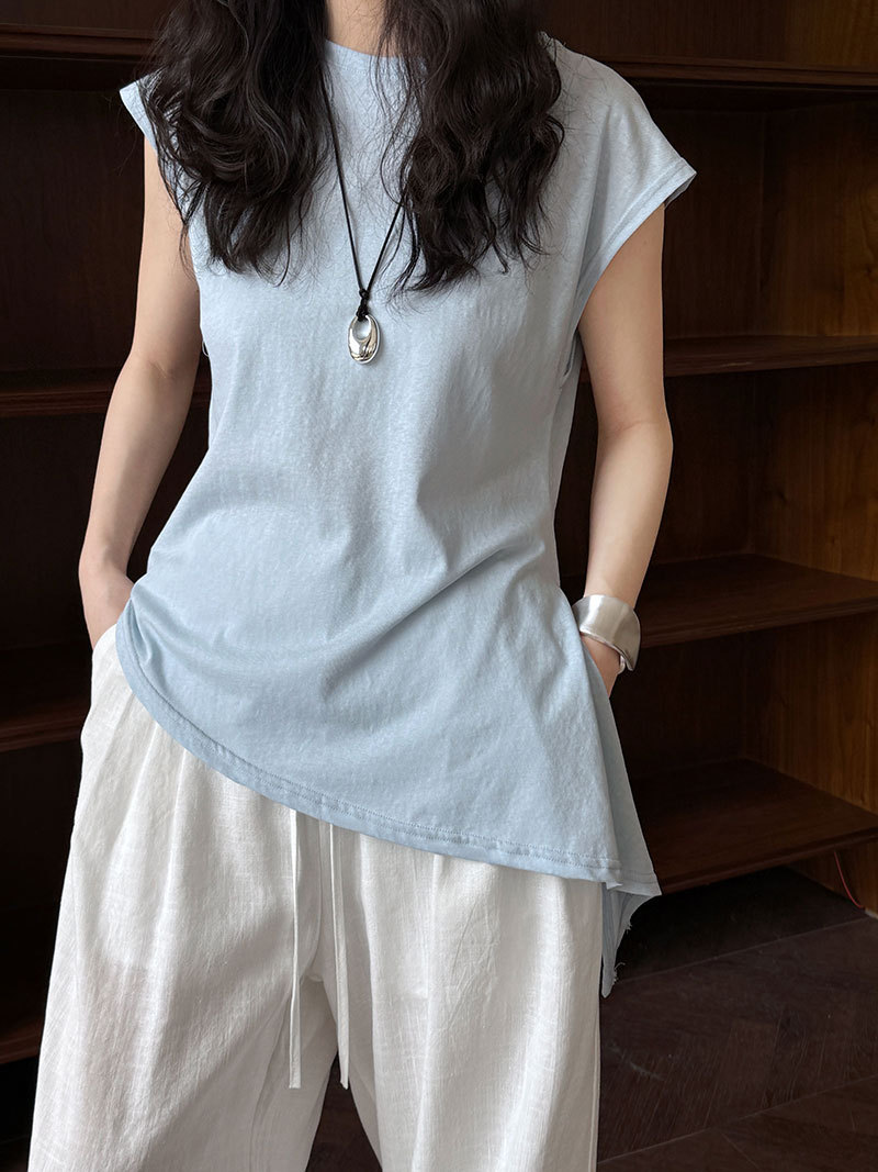 Minimalist Breathable Cotton Blend Womens Asymmetric Hem Cap Sleeve T Shirt