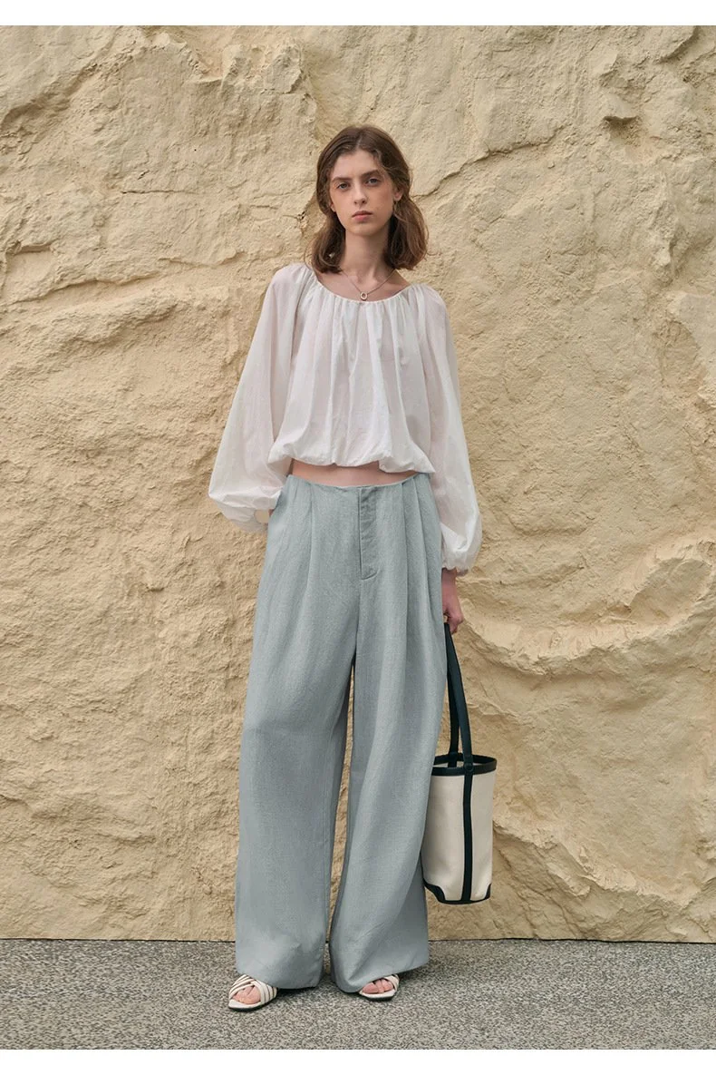 Minimalist Breathable Linen Lyocell Womens Wide Leg Trousers