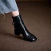 Vintage Top Grain Cowhide Womens Square Toe Block Heel Ankle Boots