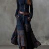 Boho Cotton Blend Spliced Womens High Waist Long Sleeve Maxi Dress