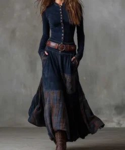 Boho Cotton Blend Spliced Womens High Waist Long Sleeve Maxi Dress