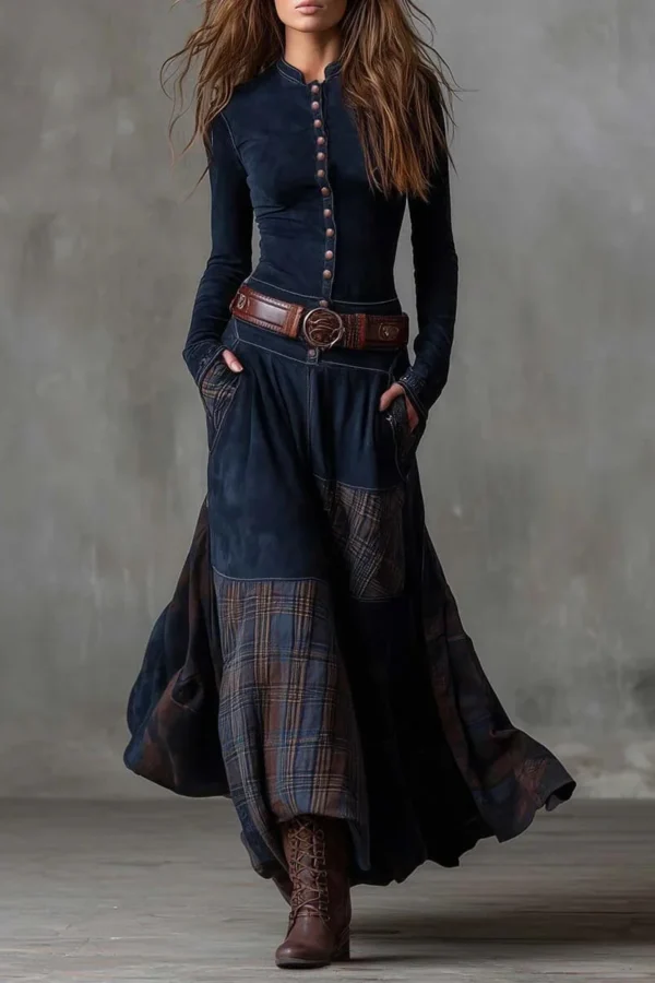 Boho Cotton Blend Spliced Womens High Waist Long Sleeve Maxi Dress