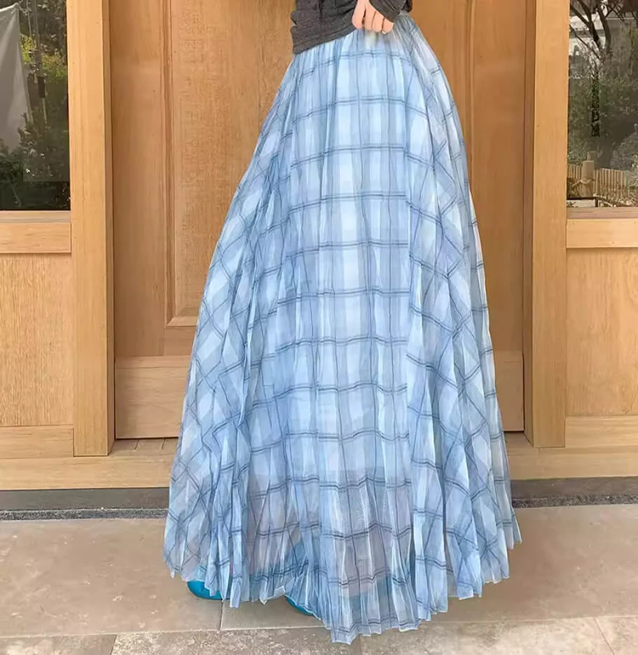 Elegant Breathable Crinkled Plaid Polyester Blend Womens Maxi Skirt