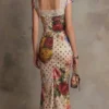 Vintage Lace Trim Ruched Floral Polka Dot Stretchy Womens Midi Dress