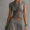 Boho Fringe Lace Shirred Womens Grey Two Piece Maxi Skirt Set