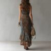 Boho Stretch Polyester Patchwork Ruffled Slit One Shoulder Maxi Dress
