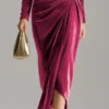 Timeless Ruched Velvet Womens Long Sleeve Bodycon Midi Dress