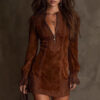 Boho Embroidered Lace Stretchy Polyester Womens Long Sleeve Mini Dress