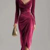 Timeless Ruched Velvet Womens Long Sleeve Bodycon Midi Dress