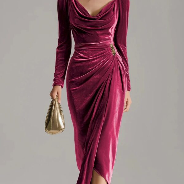 Timeless Ruched Velvet Womens Long Sleeve Bodycon Midi Dress