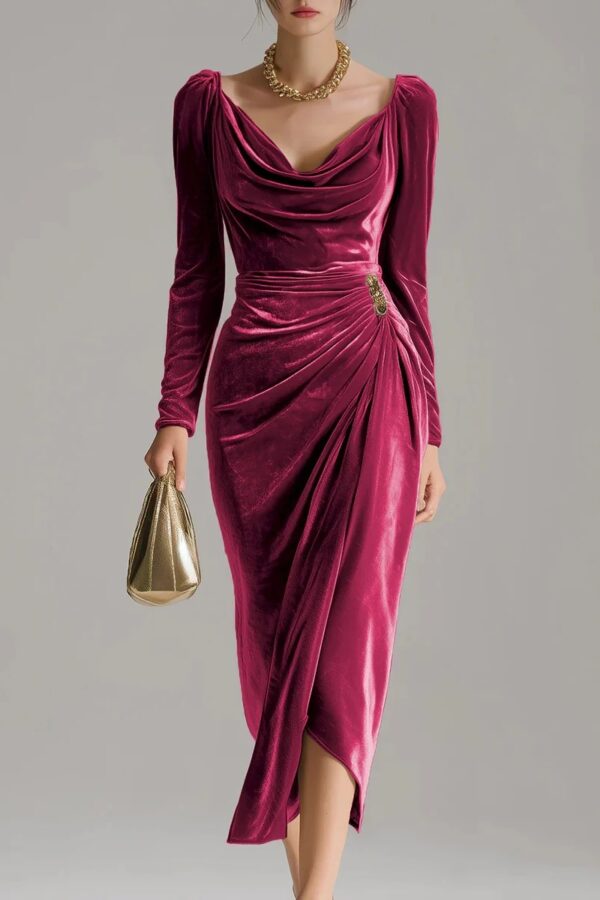 Timeless Ruched Velvet Womens Long Sleeve Bodycon Midi Dress