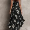 Boho Floral Print Stretchy Polyester Womens Spaghetti Strap Maxi Dress