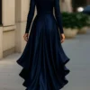 Timeless Stretch Polyester Ruffled Hem Womens V Neck Maxi Dress