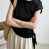 Minimalist Breathable Cotton Blend Womens Asymmetric Hem Cap Sleeve T Shirt