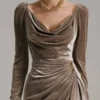 Timeless Ruched Velvet Womens Long Sleeve Bodycon Midi Dress