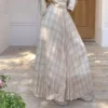 Elegant Breathable Crinkled Plaid Polyester Blend Womens Maxi Skirt