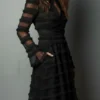 Timeless Sheer Fringed Stretchy Polyester Womens Slim Fit Midi Dress