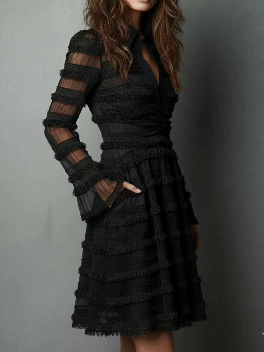 Timeless Sheer Fringed Stretchy Polyester Womens Slim Fit Midi Dress