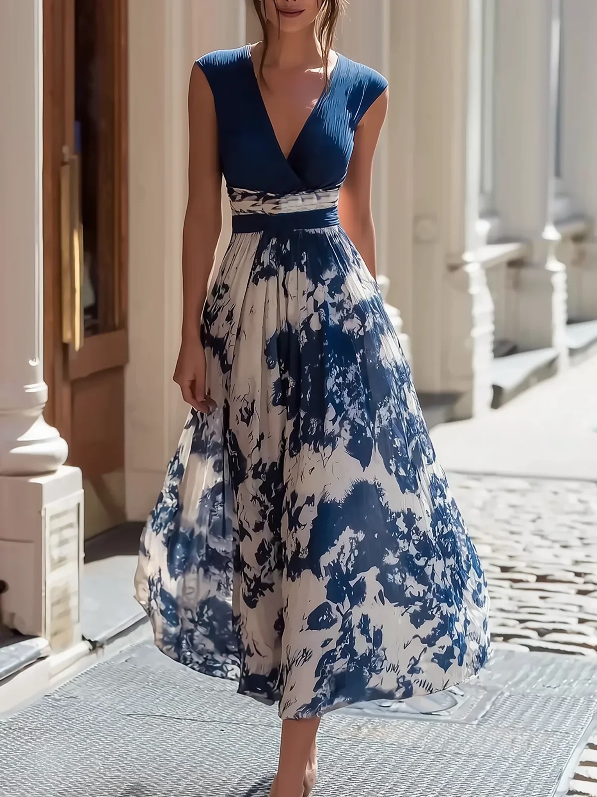 French Riviera Stretchy Printed Womens V Neck Midi Dress