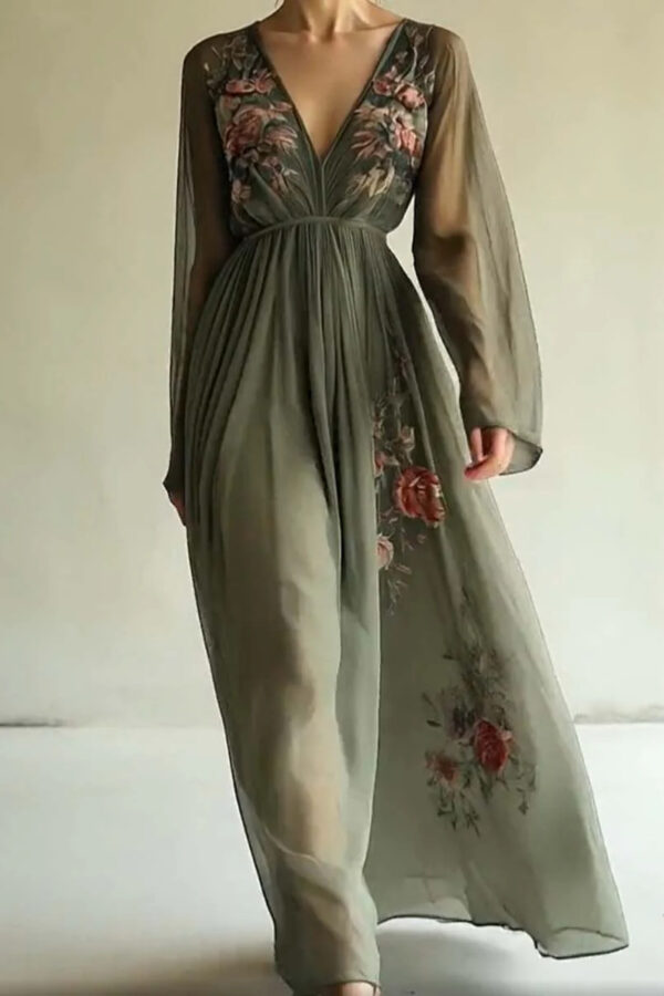 Boho 3D Floral Print Sheer Womens Long Sleeve V Neck Maxi Dress
