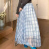 Elegant Breathable Crinkled Plaid Polyester Blend Womens Maxi Skirt