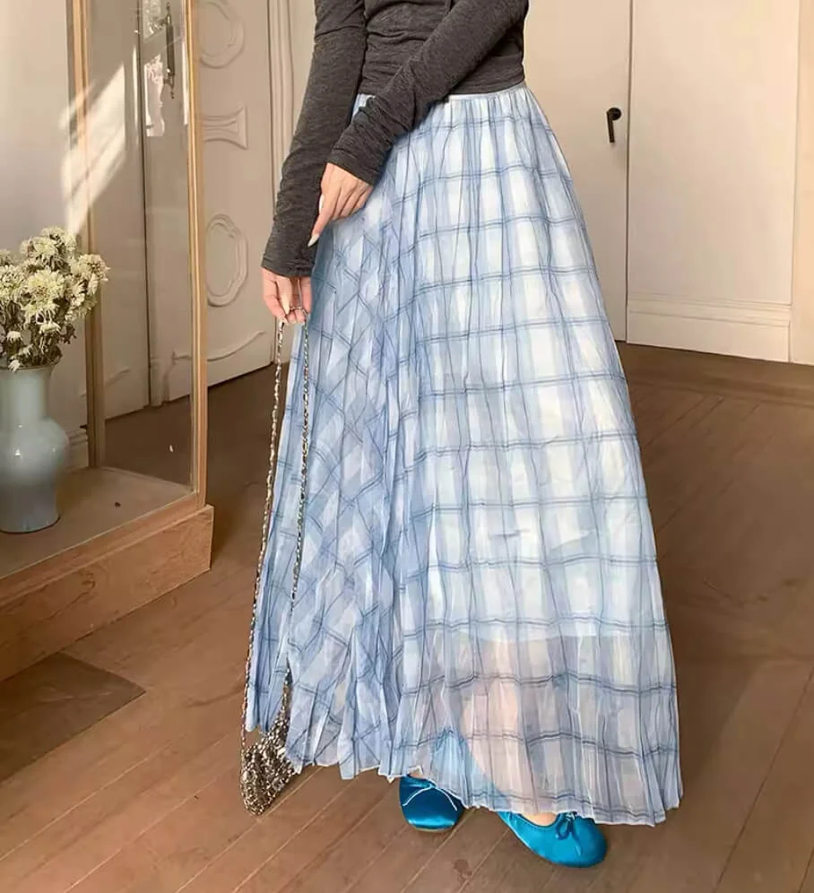 Elegant Breathable Crinkled Plaid Polyester Blend Womens Maxi Skirt