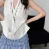 French Riviera Breathable Linen Lyocell Womens Halter V Neck Top