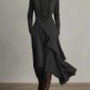 Timeless Stretchy Polyester Womens Turtleneck Irregular Hem Maxi Dress