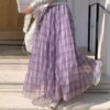 Elegant Breathable Crinkled Plaid Polyester Blend Womens Maxi Skirt