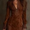 Boho Embroidered Lace Stretchy Polyester Womens Long Sleeve Mini Dress