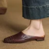 Minimalist Woven Genuine Leather Womens Square Toe Flat Mules