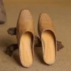 Minimalist Woven Genuine Leather Womens Square Toe Flat Mules