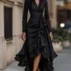 Timeless Stretch Polyester Ruffled Hem Womens V Neck Maxi Dress