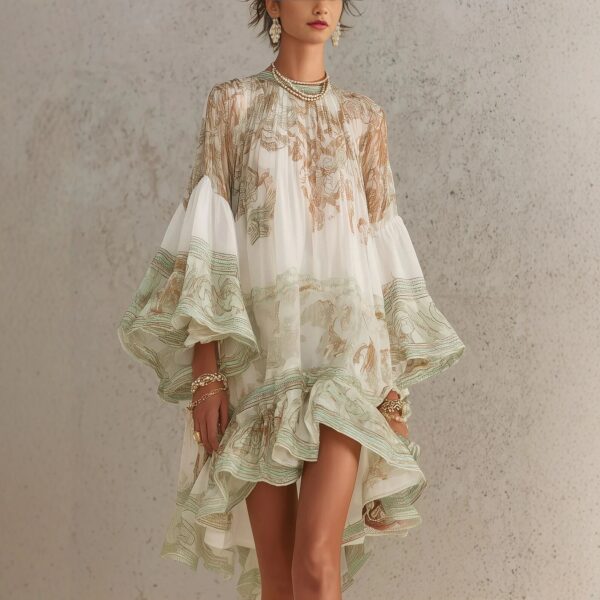 Boho Printed Ruffled Flare Sleeve Stretchy Polyester Womens Mini Dress