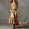 Boho Cotton Blend Spliced Womens High Waist Long Sleeve Maxi Dress