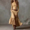 Boho Cotton Blend Spliced Womens High Waist Long Sleeve Maxi Dress