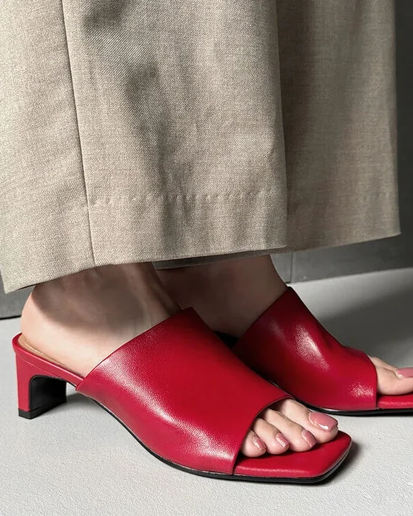 Minimalist Breathable Sheepskin Womens Square Toe Block Heel Mules