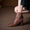 Vintage Top Grain Cowhide Womens Square Toe Block Heel Ankle Boots