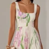 French Riviera Pleated Floral Print Stretch Polyester Womens Maxi Dress