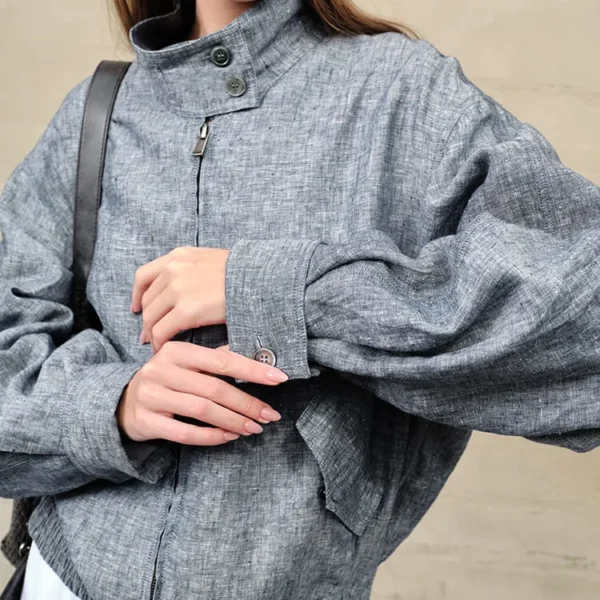 Timeless Yarn Dyed Linen Denim Blue Cropped Jacket