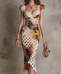 Vintage Lace Trim Ruched Floral Polka Dot Stretchy Womens Midi Dress