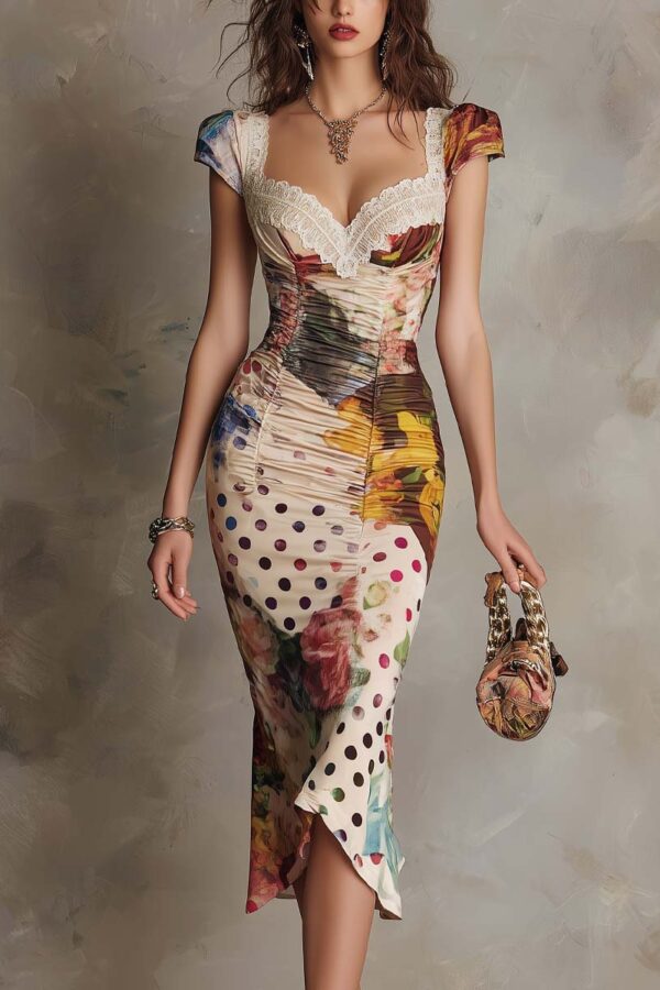 Vintage Lace Trim Ruched Floral Polka Dot Stretchy Womens Midi Dress