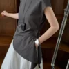 Minimalist Breathable Cotton Blend Womens Asymmetric Hem Cap Sleeve T Shirt