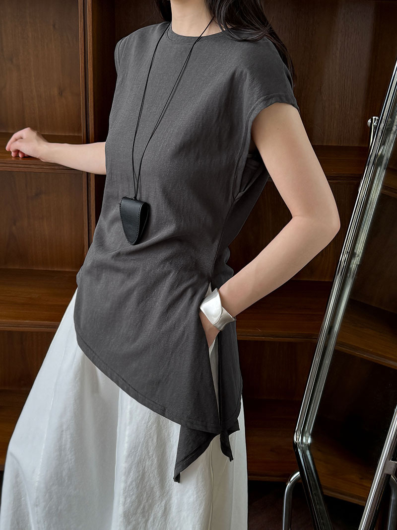 Minimalist Breathable Cotton Blend Womens Asymmetric Hem Cap Sleeve T Shirt