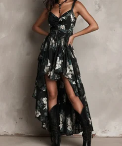 Boho Floral Print Stretchy Polyester Womens Spaghetti Strap Maxi Dress