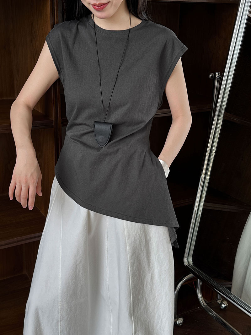 Minimalist Breathable Cotton Blend Womens Asymmetric Hem Cap Sleeve T Shirt