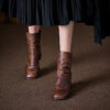 Vintage Top Grain Cowhide Womens Square Toe Block Heel Ankle Boots